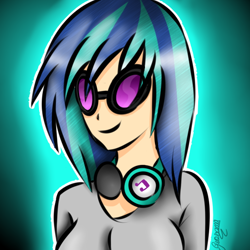 Size: 550x550 | Tagged: safe, artist:erinisanxious, artist:otomekawaii10, imported from derpibooru, dj pon-3, vinyl scratch, human, clothes, female, gradient background, headphones, humanized, smiling, solo