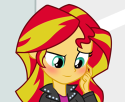 Size: 645x527 | Tagged: safe, edit, edited screencap, imported from derpibooru, screencap, sunset shimmer, equestria girls, rainbow rocks, blushing, inverted mouth