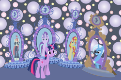 Size: 1024x677 | Tagged: safe, artist:muddy-waters, imported from derpibooru, moondancer, starlight glimmer, sunset shimmer, trixie, twilight sparkle, alicorn, pony, unicorn, counterparts, magic mirror, magical quintet, twilight sparkle (alicorn), twilight's counterparts