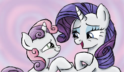 Size: 1024x600 | Tagged: safe, artist:muddy-waters, imported from derpibooru, rarity, sweetie belle, pony, crusaders of the lost mark, blushing, duo, smiling