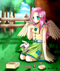 Size: 1024x1215 | Tagged: safe, artist:solanapple, imported from derpibooru, angel bunny, fluttershy, bird, human, anime, bread, clothes, colored pupils, cute, female, fence, food, grass field, hair accessory, humanized, kneeling, scenery, shyabetes, signature, skirt, smiling, tree, winged humanization, wings