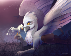 Size: 2000x1571 | Tagged: safe, artist:viwrastupr, imported from derpibooru, oc, oc only, oc:der, oc:gael, griffon, micro, perch, prone, smiling, spread wings