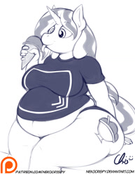 Size: 892x1155 | Tagged: safe, artist:nekocrispy, imported from derpibooru, oc, oc only, oc:hot fudge, anthro, unicorn, bbw, belly, belly button, fat, food, ice cream, monochrome, obese, patreon, patreon logo, solo