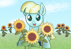 Size: 1489x1025 | Tagged: safe, artist:bluemeganium, imported from derpibooru, helia, pegasus, pony, cute, featured image, female, flower, freckles, grass, heliadorable, looking at you, mare, open mouth, prone, smiling, solo, sunflower