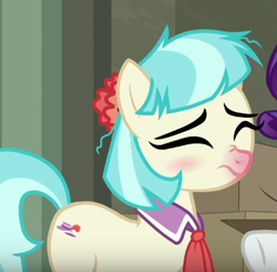 Size: 406x398 | Tagged: safe, imported from derpibooru, screencap, coco pommel, rarity, pony, the saddle row review, cocobetes, cute, eyes closed, messy mane, nose wrinkle, red nosed, sick, wavy mouth