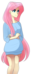 Size: 800x1902 | Tagged: safe, artist:haydee, imported from derpibooru, fluttershy, human, blue sweater, clothes, colored skin, cyan eyes, digital art, female, human female, humanized, jumper, looking away, pink hair, pony coloring, simple background, solo, standing, sweater, sweatershy, transparent background