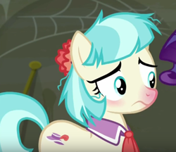 Size: 457x395 | Tagged: safe, imported from derpibooru, screencap, coco pommel, the saddle row review, coco the red-nosed pony, cocobetes, cute, female, red nosed, sick, solo, worried