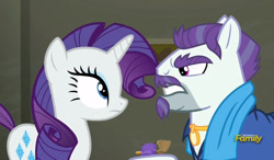 Size: 803x469 | Tagged: safe, imported from derpibooru, screencap, mr. stripes, rarity, the saddle row review, discovery family logo