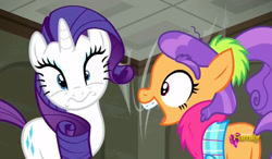 Size: 803x469 | Tagged: safe, imported from derpibooru, screencap, plaid stripes, rarity, pony, the saddle row review, discovery family logo, faic