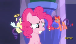 Size: 803x469 | Tagged: safe, imported from derpibooru, screencap, pinkie pie, rarity, the saddle row review, angel rarity, devil rarity, discovery family logo, haylo