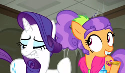 Size: 803x469 | Tagged: safe, imported from derpibooru, screencap, plaid stripes, rarity, the saddle row review, discovery family logo