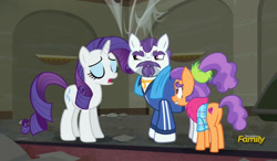 Size: 803x469 | Tagged: safe, imported from derpibooru, screencap, mr. stripes, plaid stripes, rarity, the saddle row review, discovery family logo