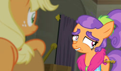 Size: 795x469 | Tagged: safe, imported from derpibooru, screencap, applejack, plaid stripes, the saddle row review, crying, cute, discovery family logo, sad