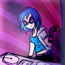 Size: 1024x1013 | Tagged: safe, artist:katedoof, imported from derpibooru, dj pon-3, vinyl scratch, human, the saddle row review, clothes, club pony party palace, humanized, midriff, scene interpretation, shrug, signature, sunglasses, turntable