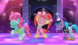 Size: 803x469 | Tagged: safe, imported from derpibooru, screencap, azure velour, flashdancer, pacific glow, earth pony, pony, the saddle row review, clothes, club pony party palace, dancing, discovery family logo, eyes closed, female, mare, trio