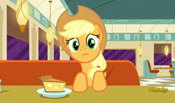 Size: 795x469 | Tagged: safe, imported from derpibooru, screencap, applejack, honey curls, mare e. lynn, the saddle row review, discovery family logo, food, looking at you, pie