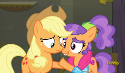 Size: 795x469 | Tagged: safe, imported from derpibooru, screencap, applejack, plaid stripes, the saddle row review, discovery family logo