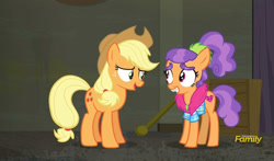 Size: 795x469 | Tagged: safe, imported from derpibooru, screencap, applejack, plaid stripes, the saddle row review, discovery family logo