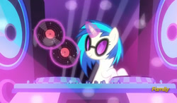 Size: 803x469 | Tagged: safe, imported from derpibooru, screencap, dj pon-3, vinyl scratch, pony, unicorn, the saddle row review, discovery family logo, female, glowing horn, levitation, magic, mare, record, solo, sunglasses, telekinesis