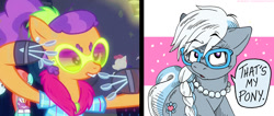 Size: 1200x509 | Tagged: safe, artist:kaemantis, imported from derpibooru, screencap, plaid stripes, silver spoon, the saddle row review, braces, clothes, necklace, open mouth, pearl necklace, pony that's my pony, side by side, speech bubble, spoon, sunglasses, that's my pony, that's my x