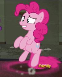 Size: 443x551 | Tagged: safe, imported from derpibooru, screencap, pinkie pie, the saddle row review, animated, discovery family logo, female, grin, loop, nervous, nervous grin, pinkie being pinkie, pinkie physics, pinkiecopter, smiling, tailcopter
