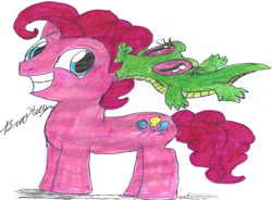 Size: 754x556 | Tagged: safe, artist:brookellyn, imported from derpibooru, gummy, pinkie pie, bubble berry, gummette, rule 63, traditional art