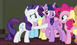 Size: 829x483 | Tagged: safe, imported from derpibooru, screencap, applejack, fluttershy, pinkie pie, rainbow dash, rarity, twilight sparkle, alicorn, pony, the saddle row review, animated, female, loop, mane six, mare, twilight sparkle (alicorn)