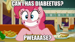 Size: 889x500 | Tagged: safe, edit, edited screencap, imported from derpibooru, screencap, lucky breaks, pinkie pie, the saddle row review, carrot, carrot dog, cute, diapinkes, discovery family logo, food, image macro, meme, pizza