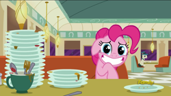 Size: 1920x1080 | Tagged: safe, imported from derpibooru, screencap, lucky breaks, pinkie pie, earth pony, pony, the saddle row review, big eyes, diner, discovery family logo, female, floppy ears, mare, plate