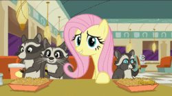 Size: 858x482 | Tagged: safe, imported from derpibooru, screencap, fluttershy, mr. waddle, smoky, smoky jr., softpad, raccoon, the saddle row review, animated, discovery family logo, food, french fries, hay fries