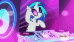 Size: 672x378 | Tagged: safe, imported from derpibooru, screencap, dj pon-3, vinyl scratch, pony, unicorn, the saddle row review, animated, discovery family logo, female, loop, mare, party hard, solo, sunglasses