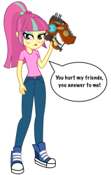 Size: 3500x5500 | Tagged: safe, artist:razethebeast, imported from derpibooru, sour sweet, equestria girls, absurd resolution, buzz blades, clothes, dialogue, flash puppet, freckles, new outfit, open mouth, pants, ratchet and clank, serious face, shoes, simple background, sneakers, speech bubble, transparent background, vector