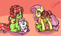 Size: 2700x1600 | Tagged: safe, artist:hateful-minds, imported from derpibooru, fluttershy, tree hugger, oc, oc:beatnik, oc:offbeat, oc:peachy keen, oc:tenderhoof, female, flutterhugger, lesbian, magical lesbian spawn, offspring, older, parent:fluttershy, parent:tree hugger, parents:flutterhugger, shipping