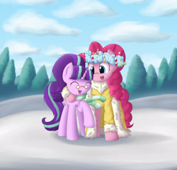 Size: 2200x2120 | Tagged: safe, artist:vanillaghosties, imported from derpibooru, pinkie pie, snowfall frost, spirit of hearth's warming presents, starlight glimmer, pony, a hearth's warming tail, duo