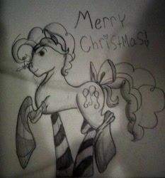 Size: 1065x1143 | Tagged: safe, artist:php37, imported from derpibooru, pinkie pie, bubble berry, christmas, clothes, holly, holly mistaken for mistletoe, merry christmas, rule 63, socks, solo, striped socks, tail bow, traditional art