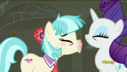 Size: 960x540 | Tagged: safe, imported from derpibooru, screencap, coco pommel, rarity, pony, the saddle row review, animated, discovery family logo, female, loop, sneezing