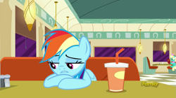 Size: 1279x717 | Tagged: safe, imported from derpibooru, screencap, honey curls, mare e. lynn, rainbow dash, the saddle row review, discovery family logo