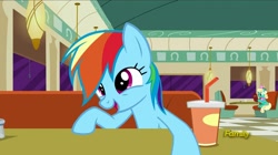 Size: 1200x670 | Tagged: safe, imported from derpibooru, screencap, honey curls, mare e. lynn, rainbow dash, pegasus, pony, the saddle row review, cute, dashabetes, discovery family logo, female, happy, mare, open mouth, smiling