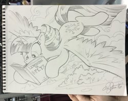 Size: 600x475 | Tagged: safe, artist:andypriceart, imported from derpibooru, twilight sparkle, alicorn, pony, book, commission, female, flying, learning to fly, mare, monochrome, reading, solo, song reference, this will end in pain, this will end in tears, tom petty & the heartbreakers, traditional art, twilight sparkle (alicorn)