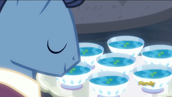 Size: 1920x1080 | Tagged: safe, imported from derpibooru, screencap, waxton, the saddle row review, blue, blue corn reduction with shallot confit, bowl, discovery family logo, food, soup