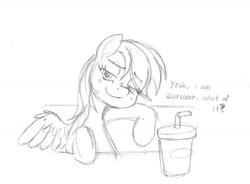 Size: 1280x940 | Tagged: safe, artist:nauth, imported from derpibooru, rainbow dash, pegasus, pony, the saddle row review, dialogue, female, grayscale, lidded eyes, mare, monochrome, simple background, solo, white background