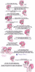 Size: 1808x3726 | Tagged: safe, artist:reina-del-caos, imported from derpibooru, pinkie pie, bubble berry, bubblini davinci berry, duality, implied bubblepie, pinkamena diane pie, rule 63, solo, spanish, text, translated in the comments