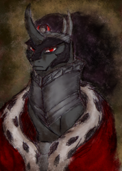 Size: 308x433 | Tagged: safe, artist:remains, imported from derpibooru, king sombra, pony, unicorn, alternate versions at source, bust, looking at you, male, portrait, sitting, solo