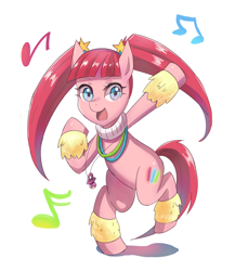 Size: 800x921 | Tagged: safe, artist:tzc, imported from derpibooru, pacific glow, earth pony, pony, the saddle row review, background pony, bipedal, dancing, female, leg warmers, looking at you, mare, music notes, necklace, open mouth, pigtails, raised leg, simple background, smiling, solo, white background
