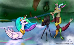 Size: 1200x740 | Tagged: safe, artist:xbi, imported from derpibooru, discord, princess celestia, duck pony, angry, camera, celestia is not amused, cloud, discord being discord, frown, glare, nose wrinkle, open mouth, rainbow, scenery, sky, smirk, swanlestia, tabun art-battle finished after, this will end in pain, this will end in petrification, upside down, varying degrees of amusement