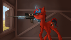 Size: 4000x2250 | Tagged: safe, artist:marsminer, imported from derpibooru, oc, oc only, oc:star, absurd resolution, gun, weapon, window