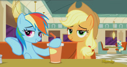 Size: 1920x1012 | Tagged: safe, imported from derpibooru, screencap, applejack, honey curls, mare e. lynn, rainbow dash, the saddle row review, discovery family logo, lidded eyes