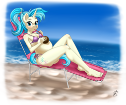 Size: 2452x2041 | Tagged: safe, artist:pia-sama, imported from derpibooru, allie way, anthro, plantigrade anthro, barefoot, beach, belly, big belly, bikini, blushing, clothes, coconut, coconut cup, drink, drinking, feet, food, looking at you, ocean, pregnant, sitting, solo, swimsuit