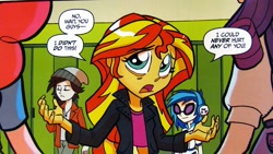 Size: 800x450 | Tagged: safe, idw, imported from derpibooru, dj pon-3, pinkie pie, rarity, sunset shimmer, vinyl scratch, equestria girls, spoiler:comic, spoiler:comicholiday2014, anon-a-miss