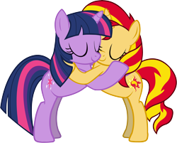 Size: 5069x4067 | Tagged: safe, artist:ramseybrony17, imported from derpibooru, sunset shimmer, twilight sparkle, alicorn, pony, unicorn, absurd resolution, female, hug, lesbian, shipping, sunsetsparkle, twilight sparkle (alicorn), vector, wingless